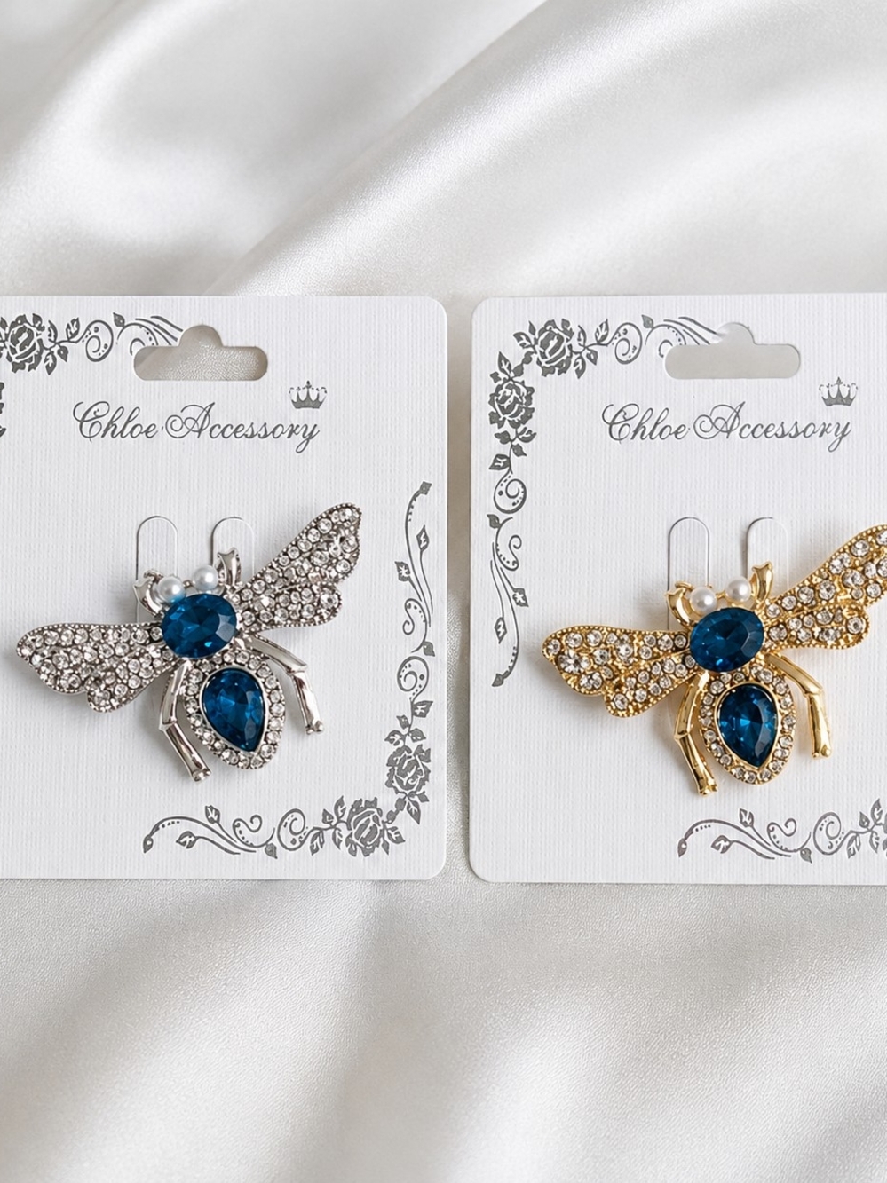 Bee Crystal Brooch - Blue Stone (Gold or Silver)